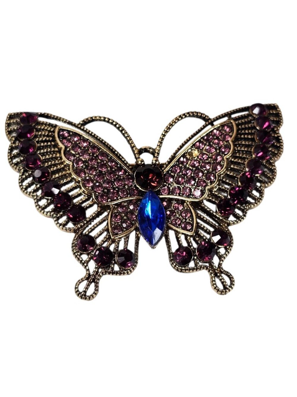 Rhinestone Butterfly Brooch Pin Gold Tone Pink Blue Purple Sparkle VTG